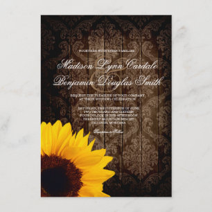 Vintage Damask Sunflower Rustic Wedding Invitation