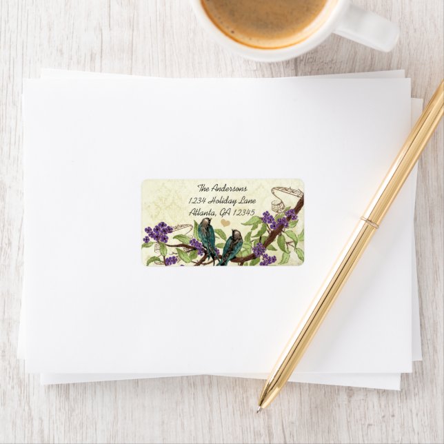 Vintage Damask Teal Bird Purple Flowering Branch Label (Insitu)