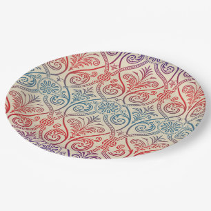 Vintage Damask Wallpaper - blue violet red Paper Plate