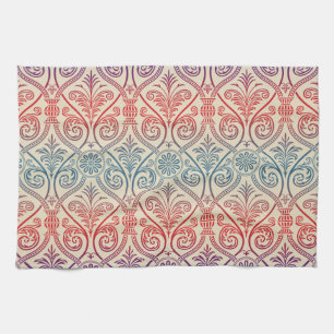 Vintage Damask Wallpaper - blue violet red Tea Towel
