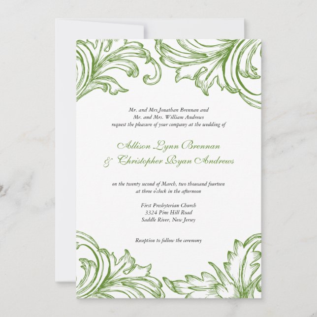 Vintage Damask Wedding Invitation Green & White (Front)