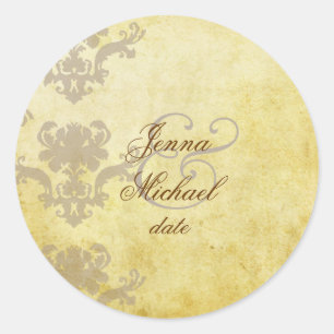 VINTAGE DAMASK WEDDING INVITATIONS CLASSIC ROUND STICKER