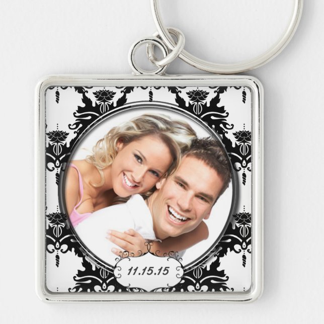 Vintage Damask Wedding Photo Key Chain (Front)