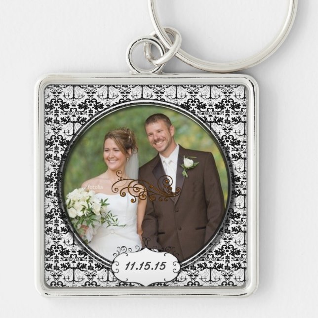 Vintage Damask Wedding Photo Key Chain (Front)