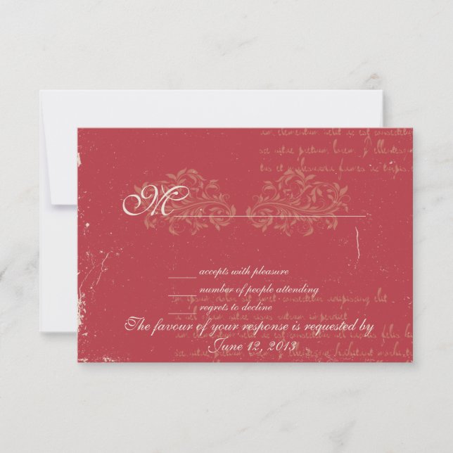 Vintage damask wedding RSVP Red Card (Front)