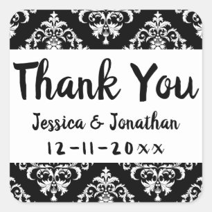 Vintage Damask Wedding Thank You Black & White Square Sticker