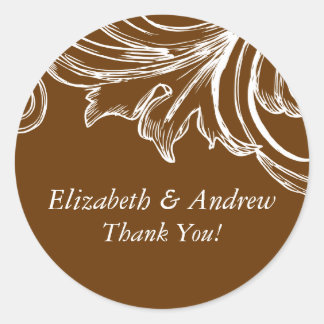 Vintage Damask Wedding Thank You Sticker Brown