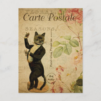 Vintage Dancing Cat Dressed in Tuxedo French Postcard