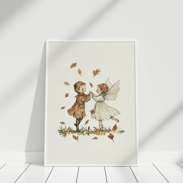 Vintage Dancing Elves in Autumn Leaves Art  Poster (Vintage Dancing Elves in Autumn Leaves Art Poster in a white frame on a white wooden floor.)
