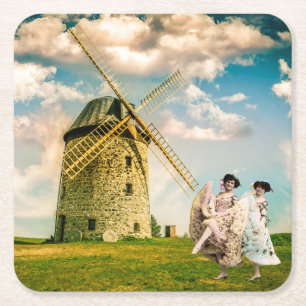 Vintage Dancing Flower Girls and Windmill Square Paper Coaster