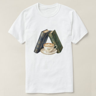 Vintage Dark Academia Books with Cosy Latte Coffee T-Shirt