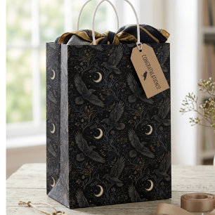 Vintage Dark Academia Crow and Crescent Moon Medium Gift Bag