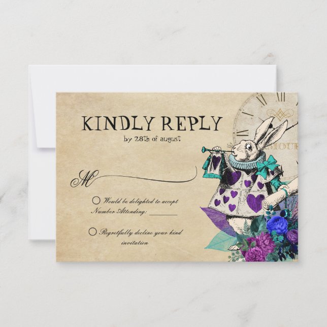 Vintage Dark Alice in Wonderland Wedding RSVP Card (Front)