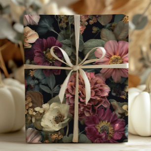 Vintage Dark and Moody Boho Floral Wrapping Paper Sheet