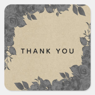 Vintage Dark Black Floral Roses & Kraft Wedding Square Sticker