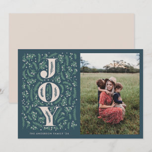 Vintage dark blue botanical JOY illustration photo Holiday Card