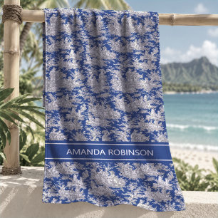 Vintage Dark Blue French Toile Pastoral Scenic Beach Towel