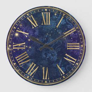 Vintage Dark Blue Pattern & Gold Sparkles Large Clock