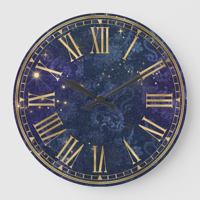 Vintage Dark Blue Pattern & Gold Sparkles Large Clock (Front)
