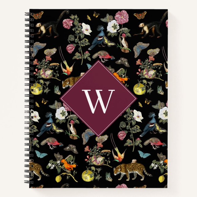 Vintage Dark Botanical Animals Forest Monogram Notebook (Front)