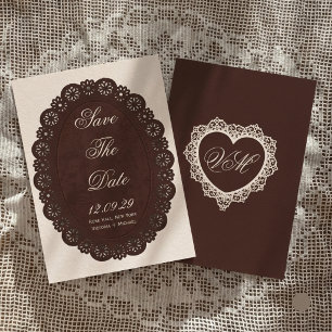 Vintage Dark Brown Lace Oval Doily Wedding Save The Date