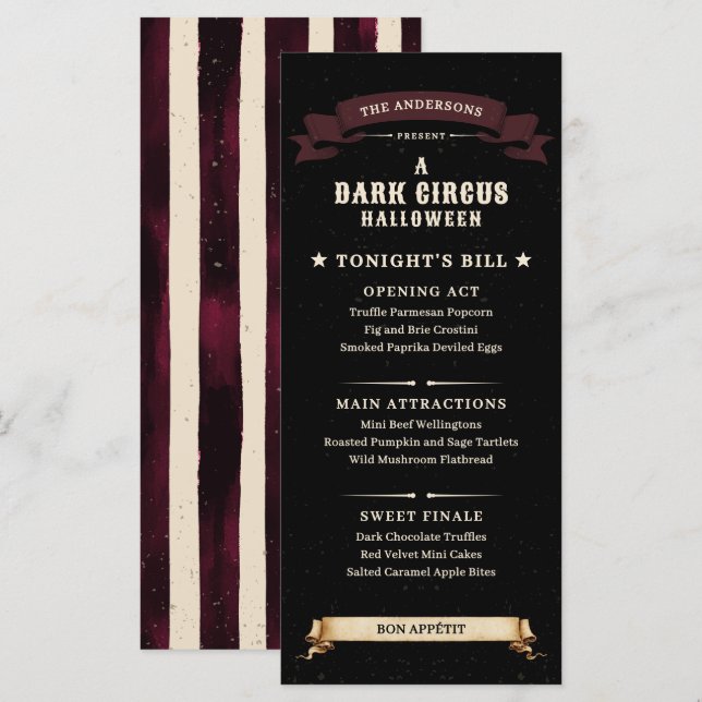 Vintage Dark Circus Halloween Party Menu (Front/Back)
