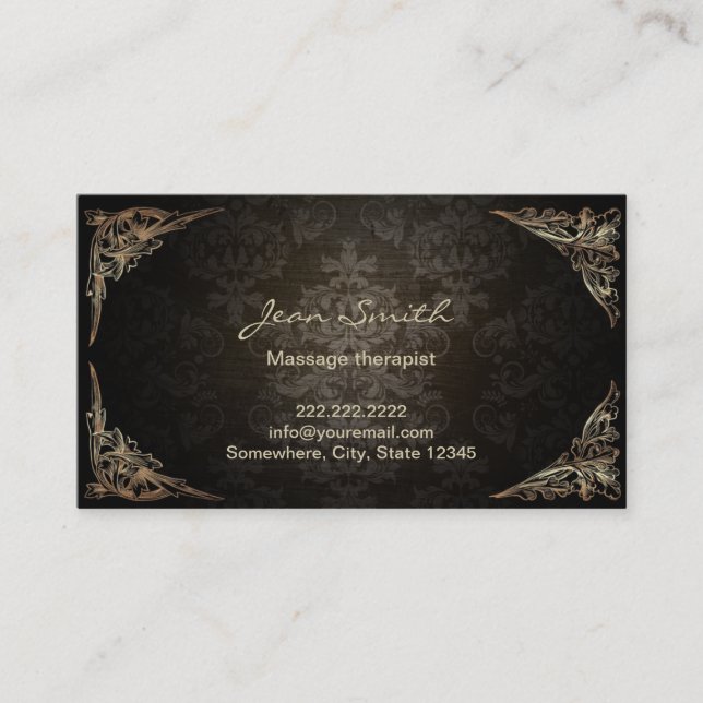 Vintage Dark Damask Massage Therapist Business Card (Front)