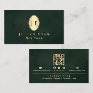 Vintage Dark Emerald Green & Gold Oval Monogram Business Card
