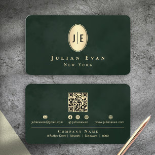 Vintage Dark Emerald Green & Gold Oval Monogram Business Card