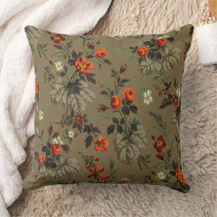 Vintage Dark Floral Orange Rose Botanical Pattern Cushion