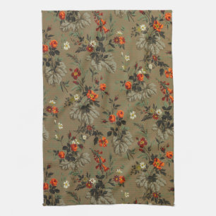 Vintage Dark Floral Orange Rose Botanical Pattern Tea Towel