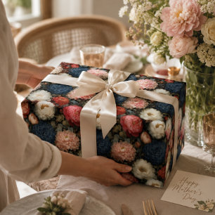 Vintage Dark Floral Peony Dahlia Pink Pattern Wrapping Paper Sheet