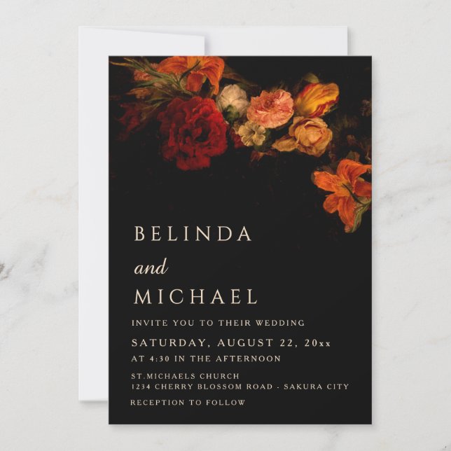 Vintage Dark Floral Wedding Invitation (Front)