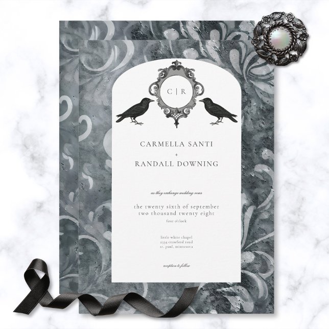 Vintage Dark Gothic Grey & Black Damask & Ravens Invitation (Creator Uploaded)