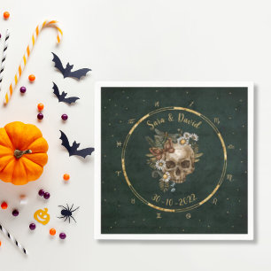 Vintage Dark Green Celestial Floral Skull Wedding  Napkin