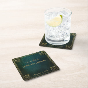 Vintage Dark Green Square Paper Coaster