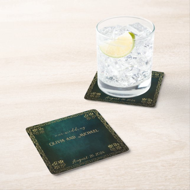 Vintage Dark Green Square Paper Coaster (Insitu)