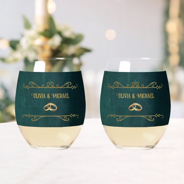 Vintage Dark Green Stemless Wine Glass (Insitu (Wedding))