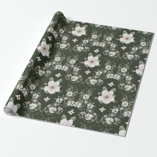 Vintage Dark Green Watercolor Magnolia Floral Wrapping Paper
