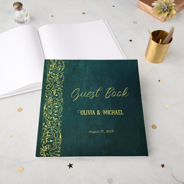 Vintage Dark Green Wedding Guest Book (Front Open)