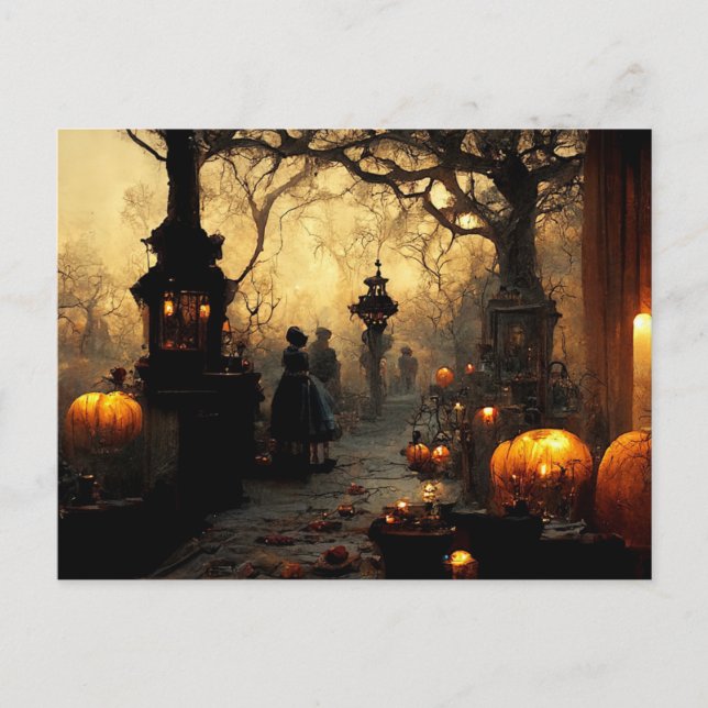 Vintage Dark Halloween Night Town Street Holiday Postcard (Front)