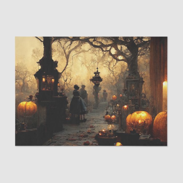 Vintage Dark Halloween Night Town Street Tissue Paper (Front)