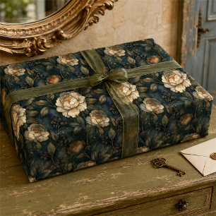 Vintage Dark Moody Peony Botanical Floral Wrapping Paper
