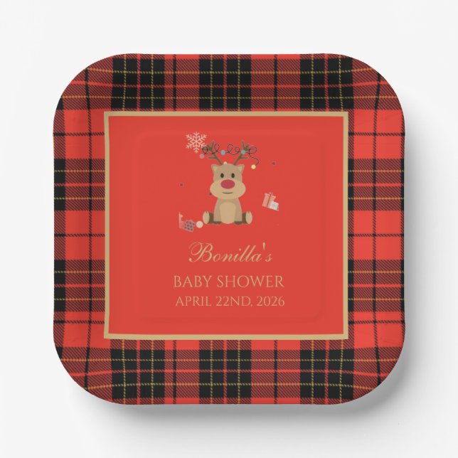 Vintage Dark Red Baby Shower  Paper Coaster Plate (Front)