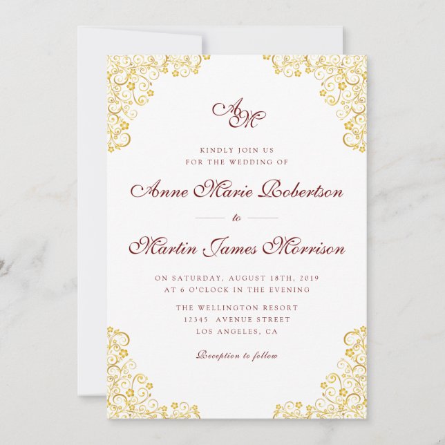 Vintage dark red gold floral wedding invitation (Front)