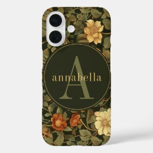 Vintage Dark William Morris Floral Monogram iPhone 16 Case