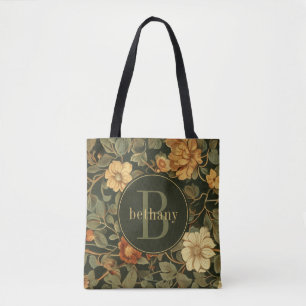 Vintage Dark William Morris Floral Monogram Tote Bag