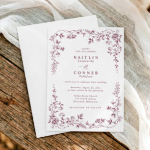 Vintage Dark Wine Red French Floral Wedding Invitation