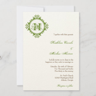 Vintage decay green leaves frame monogram wedding invitation