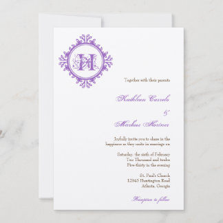 Vintage decay purple leaves frame monogram wedding invitation